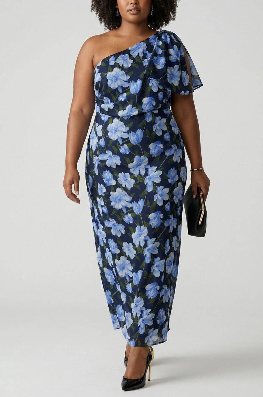 Sachin & Babi Woman 22W One Shoulder Floral Gown Blue Formal Evening Dress NWT